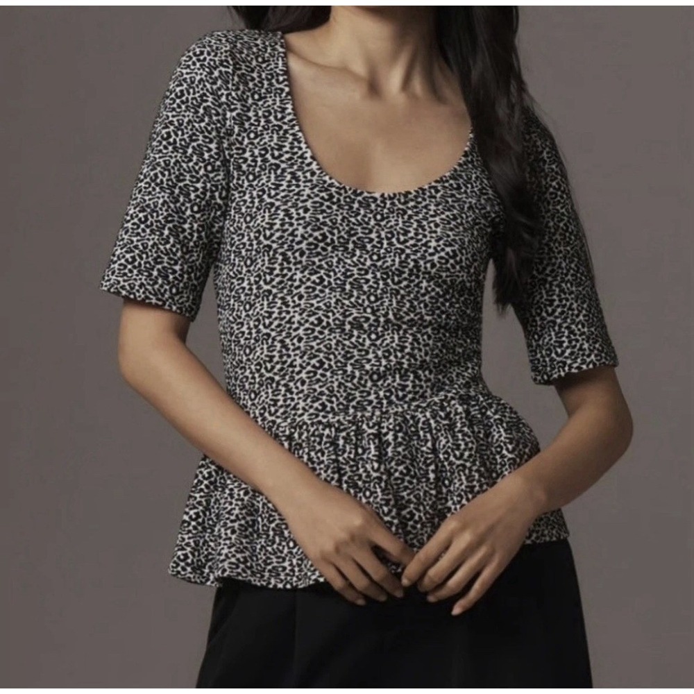 Anthropologie Maeve Leopard Animal Print Peplum Knit Top Shirt Large Boho Office